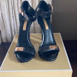 Michael Kors Black Snake-Embossed Ankle Strap Heels with Rose-Gold Accents
